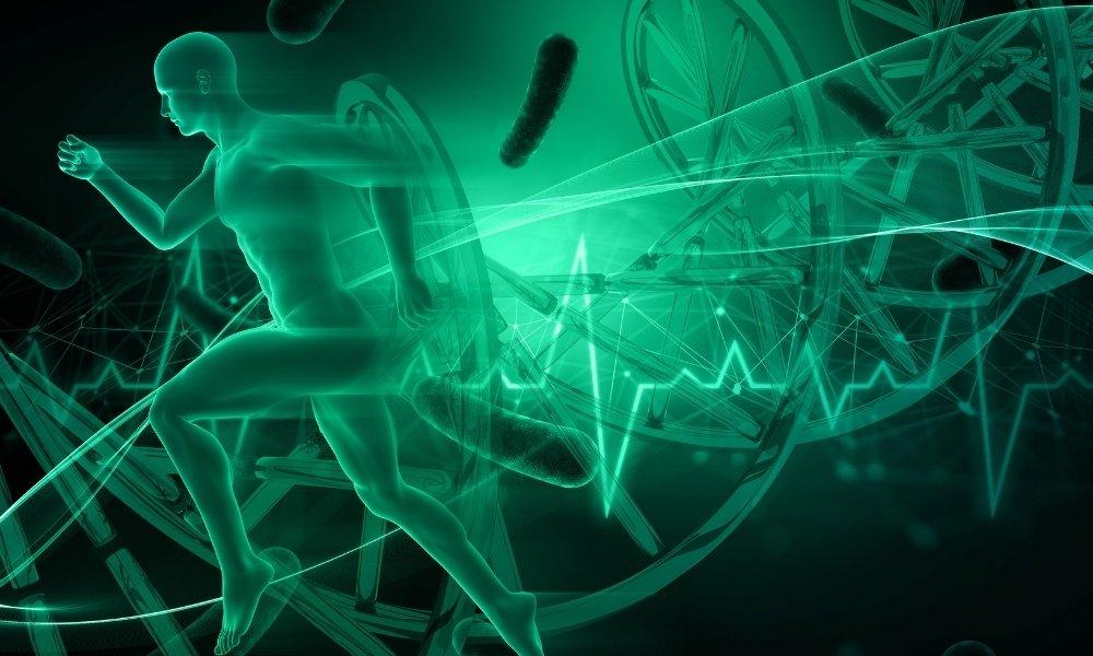 en mann som løper og DNA molekyler