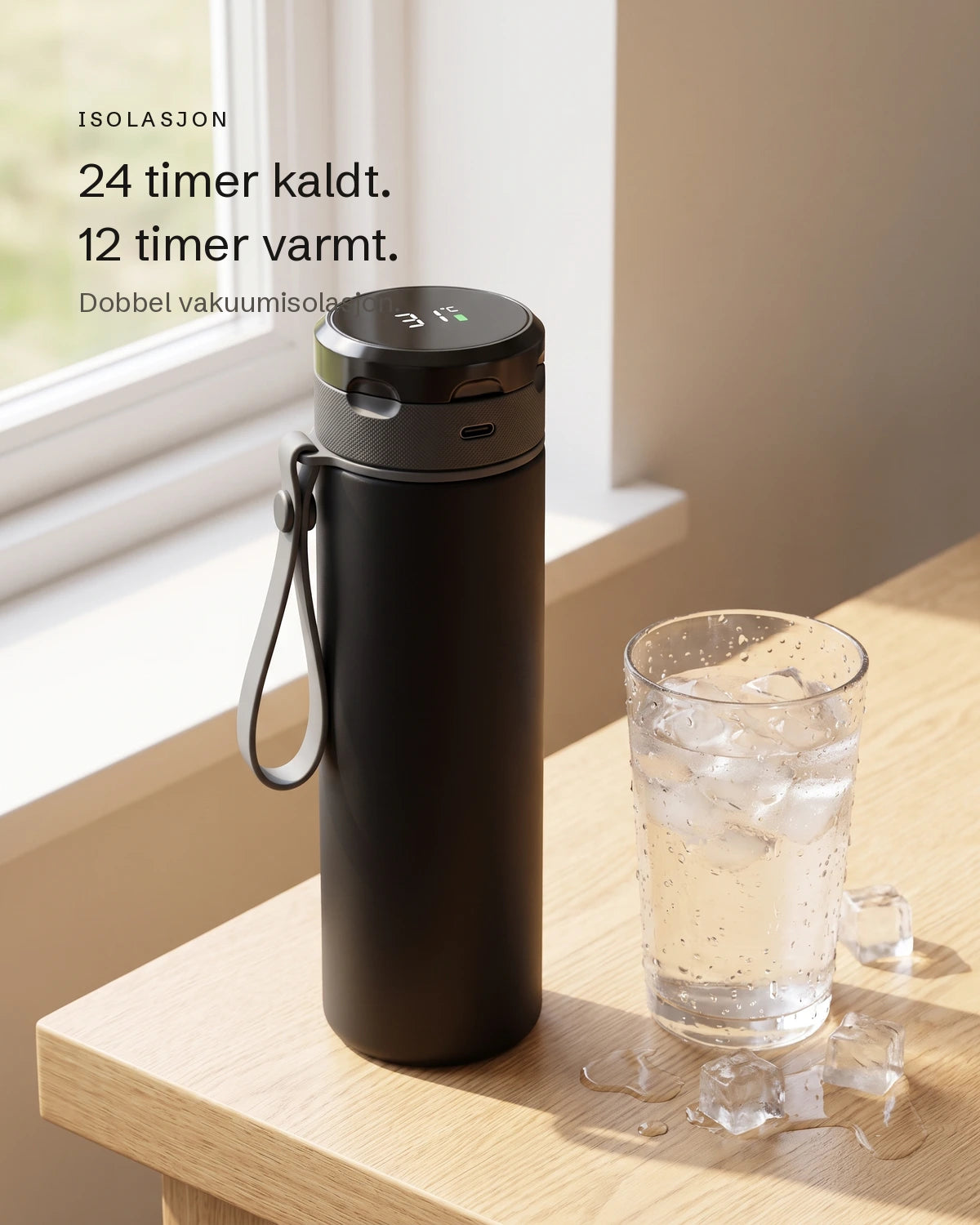 Biohack Smart Bottle med dobbel vakuumisolasjon holder vannet 24 timer kaldt og 12 timer varmt