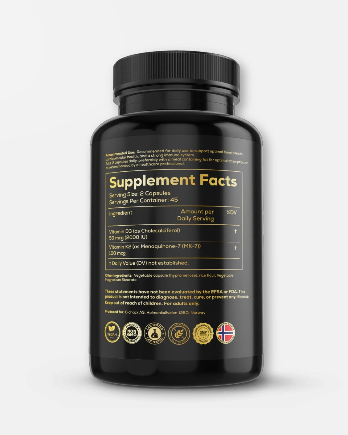 Biohacker Vitamin D3 + K2 kosttilskudd, 90 kapsler, vegansk, med MK-7 bakside
