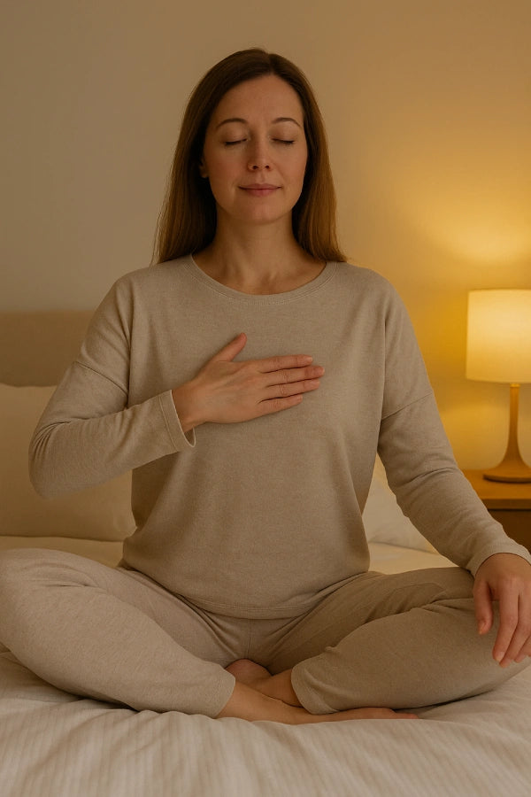 Kvinne som sitter på senga og øver på pusteteknikker