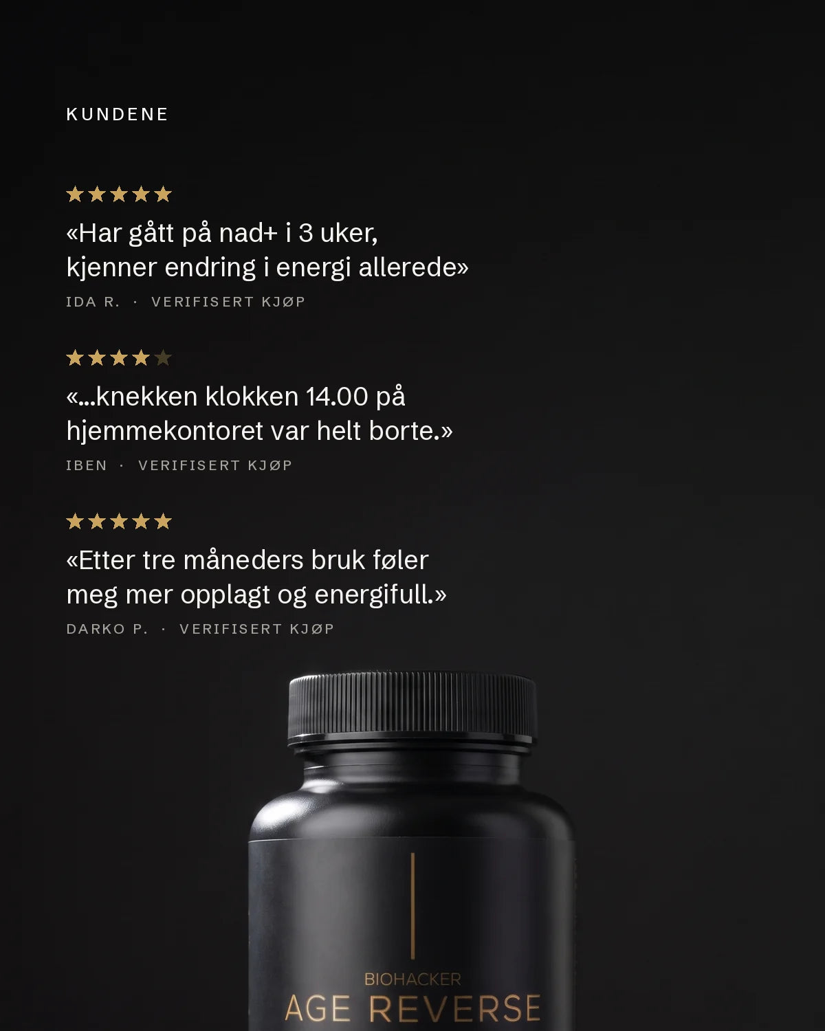 Kundeanmeldelser av Biohacker Age Reverse NAD+ med stjerner og sitater