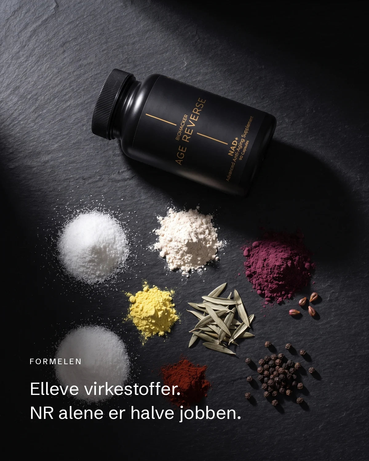 Råvarene i Biohacker Age Reverse sett ovenfra rundt boksen