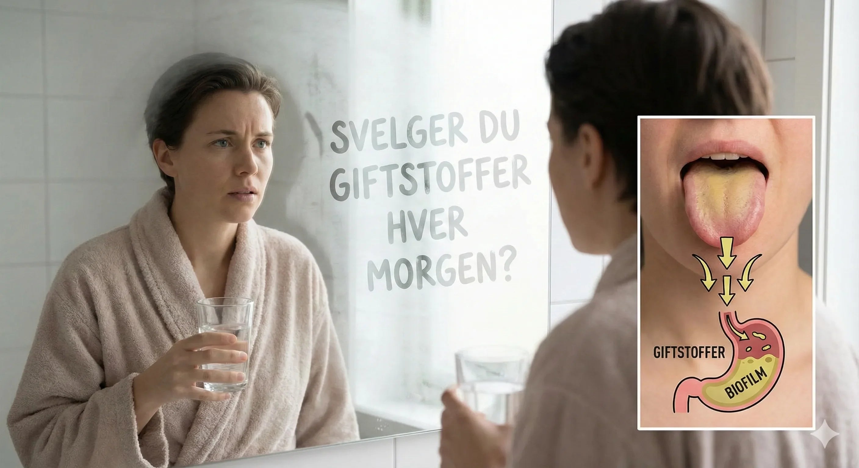 en kvinne som ser seg i speilet og en tunge med hvitt belegg