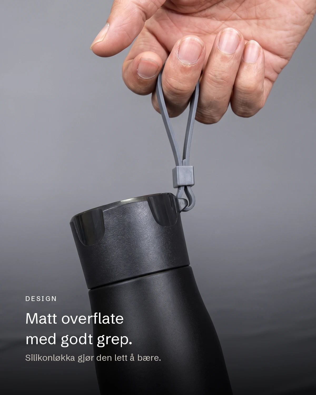 Matt overflate og silikonløkke gir godt grep på Biohack Smart Bottle