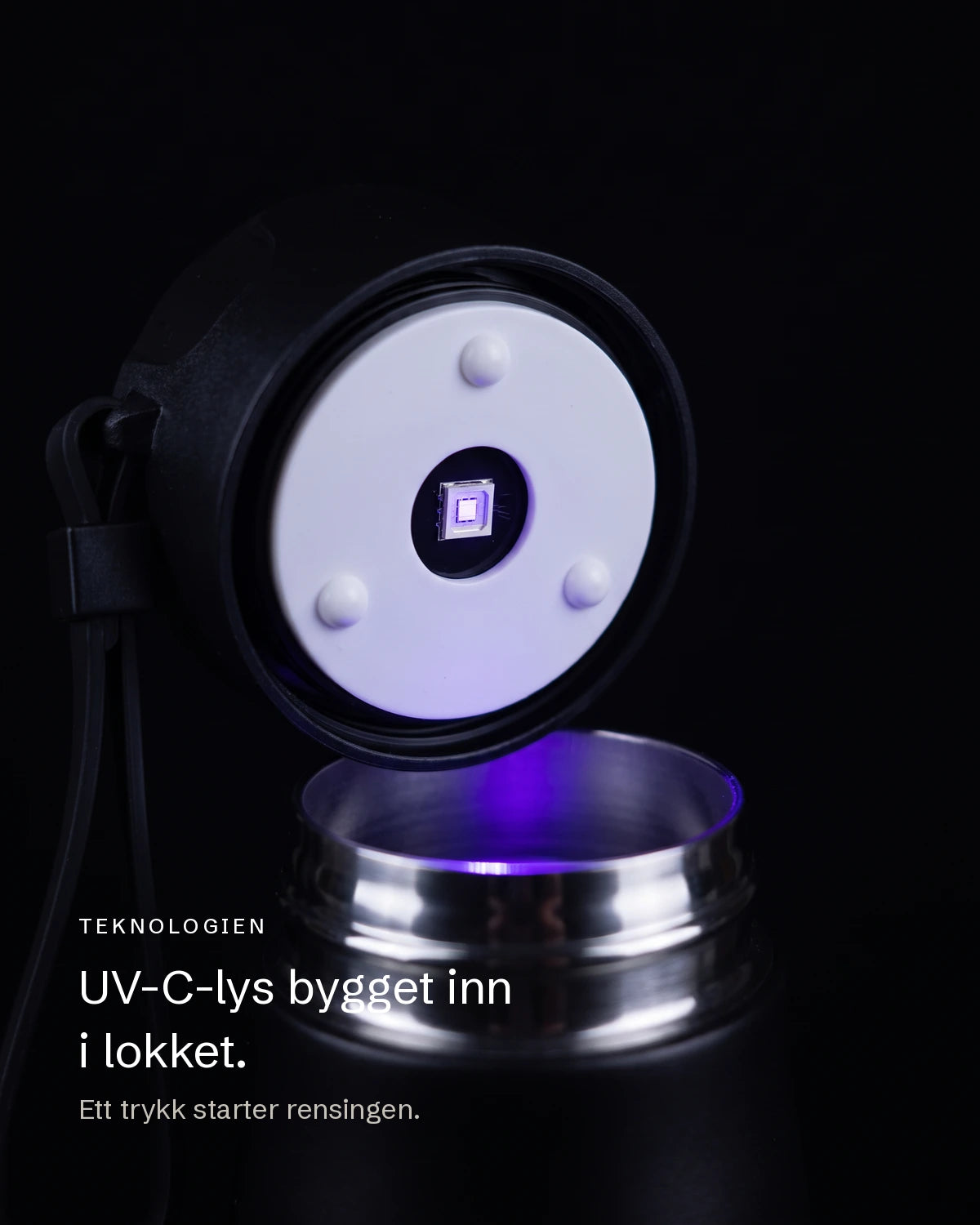 Nærbilde av UV-C-lyset som er bygget inn i lokket på Biohack Smart Bottle